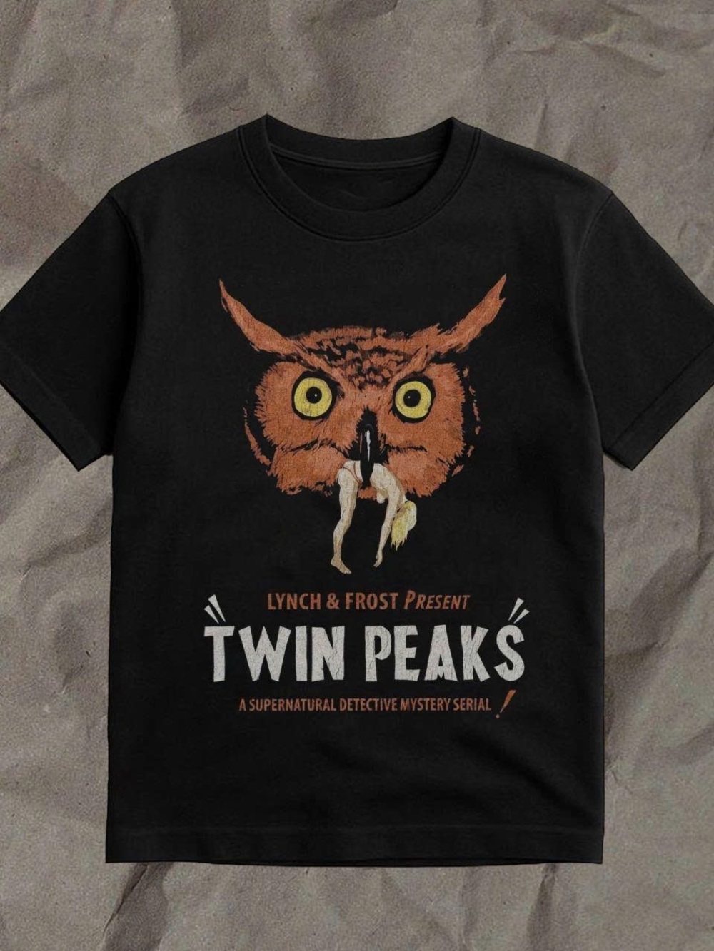 Black Short-Sleeve Tee with Orange Owl Graphic